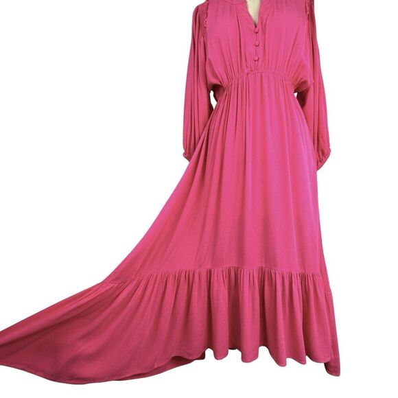 Umgee Women Tiered Midi Dress L Pink Balloon Sleeve Peasant Boho Cottagecore - Picture 4 of 16